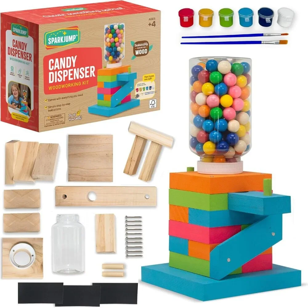 New DIY Wood Building Kit STEM Woodworking Toy for Kids Candy Gumball Dispenser